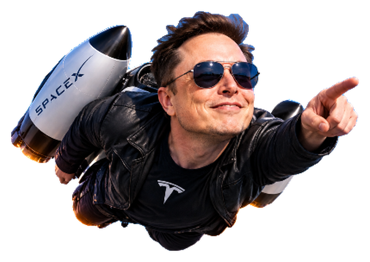 Flying Elon in sunglasses and a leather jacket, twin rockets on his back, pointing ahead